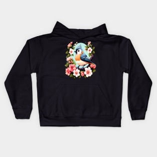 Cute Tufted Titmouse Surrounded by Vibrant Spring Flowers Kids Hoodie